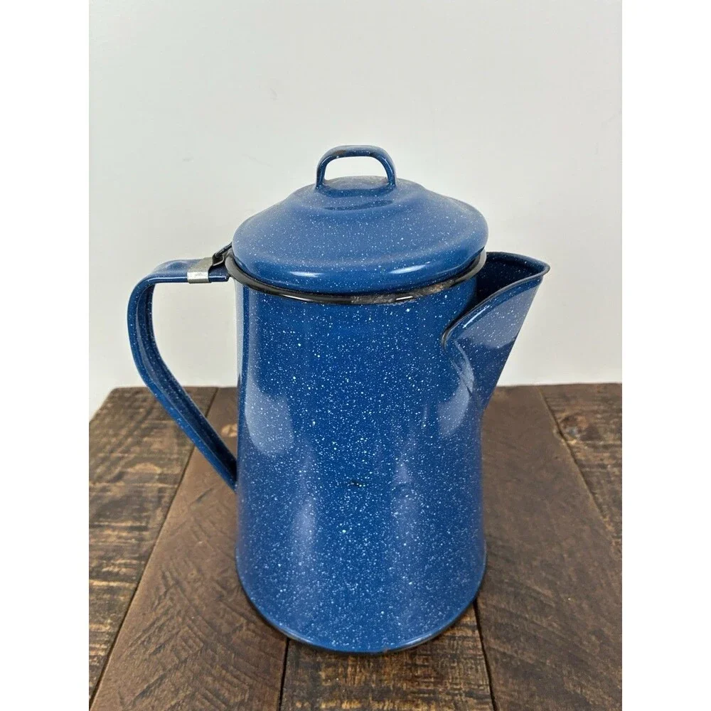 Blue Speckled Enamelware Coffee Pot Tea Kettle Metal Vintage
